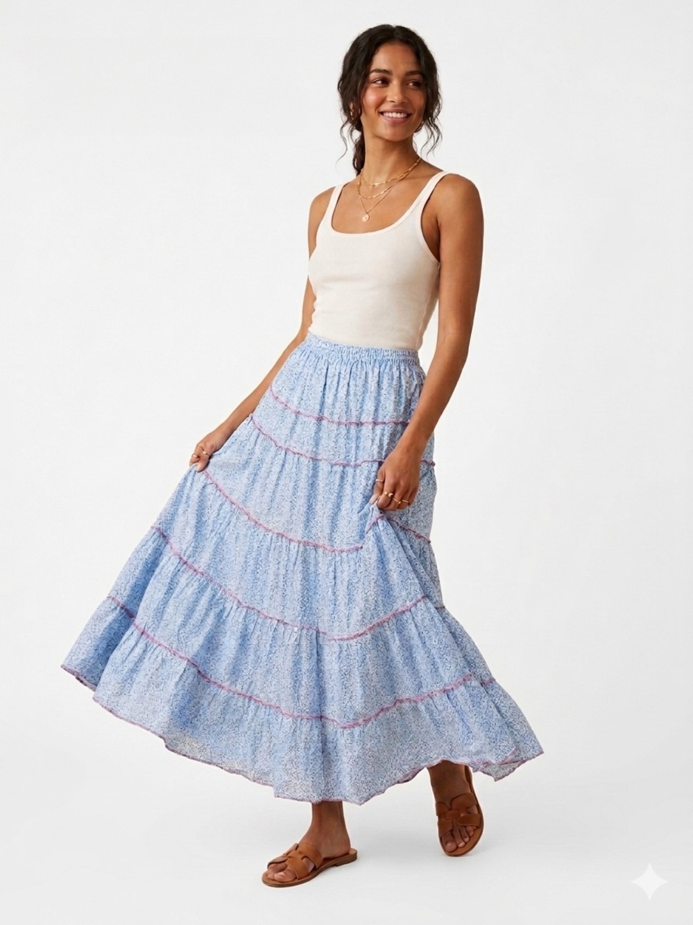 Vintage Floral Tiered Cotton Maxi Skirt Boho Lettuce Edge Prairie Cottage